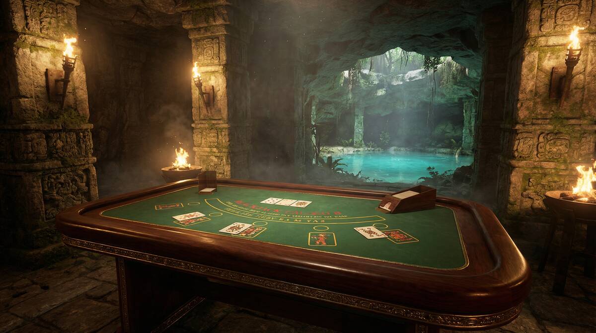 Mesa de blackjack en NetBet Sport con ambiente de templo maya